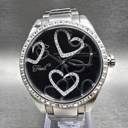 Fossil F2 Watch Women 40mm Black Dial Silver Tone Gemmed ES-1951 New Battery0