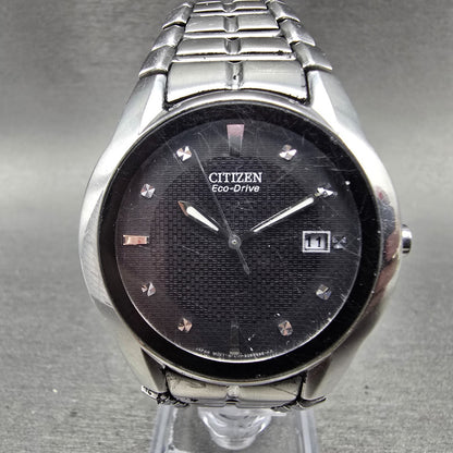 Citizen Eco-Drive Watch Men 37mm Black Dial Silver Tone Date E111-S058481 Runs0