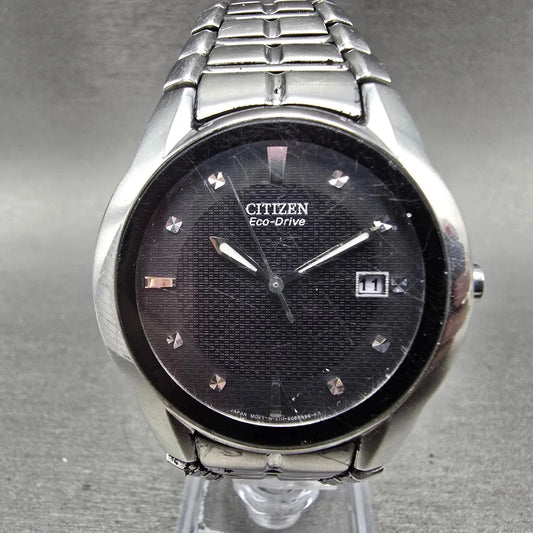 Citizen Eco-Drive Watch Men 37mm Black Dial Silver Tone Date E111-S058481 Runs0