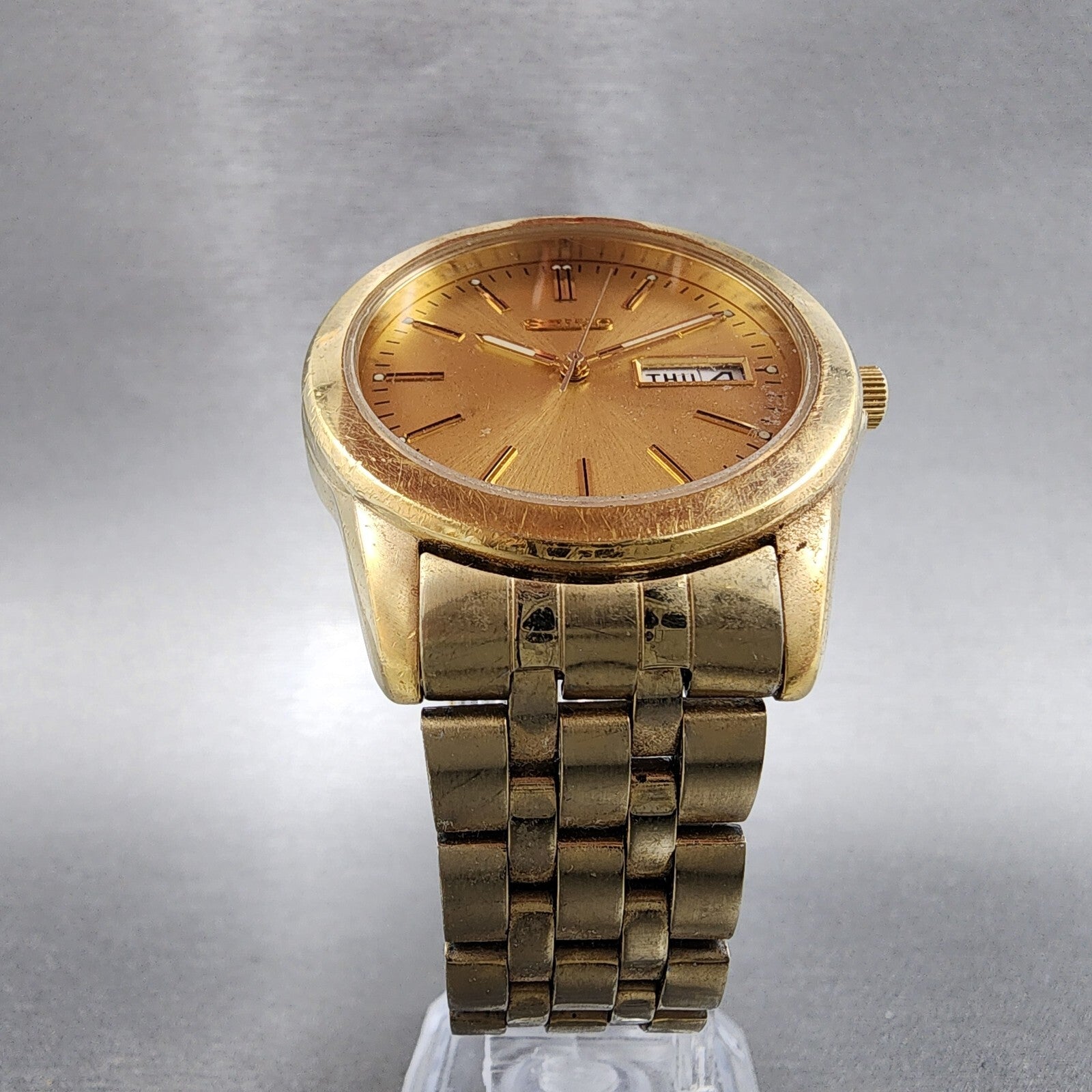 Seiko Watch Men 37mm Gold Dial Gold Tone Daydate Round 7n430am0 New Battery5