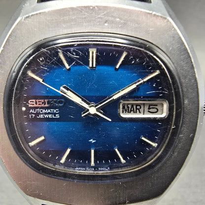 Seiko Automatic Watch Men 39mm Blue Dial Silver Tone Daydate 7009-5008 Runs VTG1