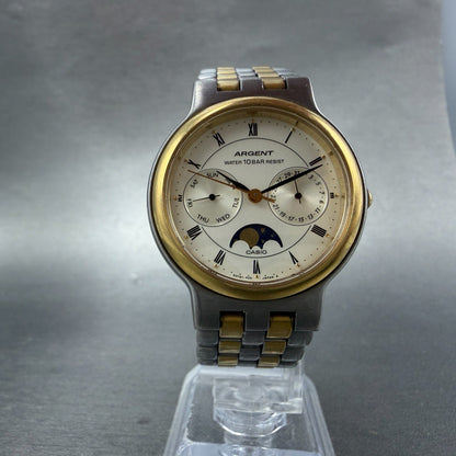 Casio Argent Moonphase Watch Men 34mm White Dial Two Tone Daydate Round New batt5