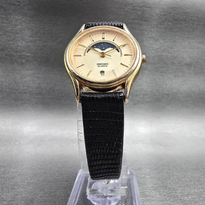 Seiko Moon Phase Watch Women 25mm Champagne Dial Gold Date 4K24-0019 New Batt 456