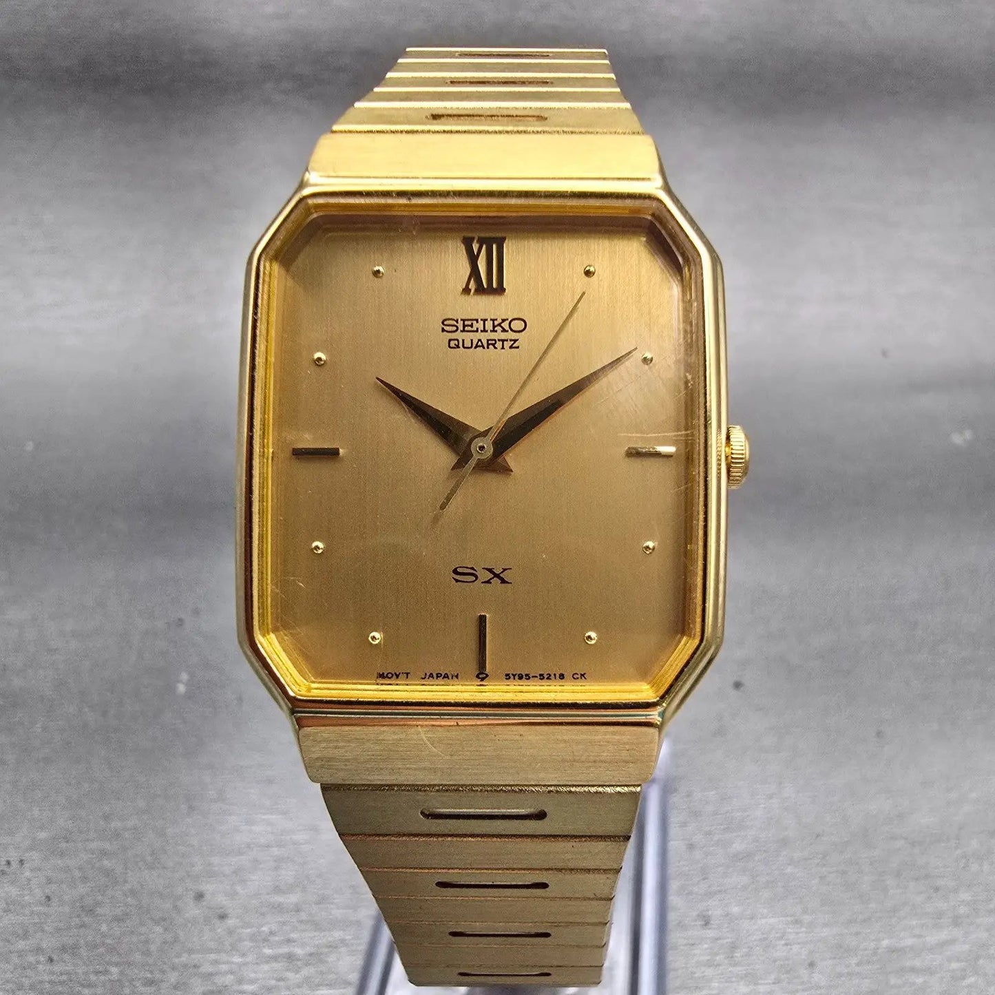 Seiko SX Watch Men 27mm Gold Dial Gold Tone Rectangle 5Y95-5020 New Battery VTG0