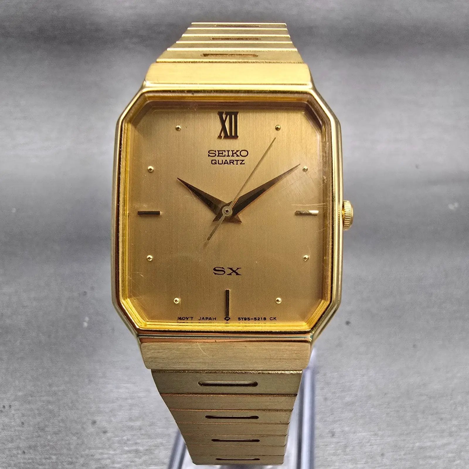 Seiko SX Watch Men 27mm Gold Dial Gold Tone Rectangle 5Y95-5020 New Battery VTG0