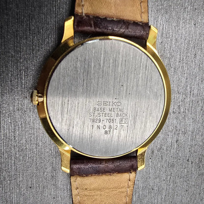 Seiko Watch Men 35mm White Dial Gold Tone Date Round 7N29-7051 New Battery VTG10