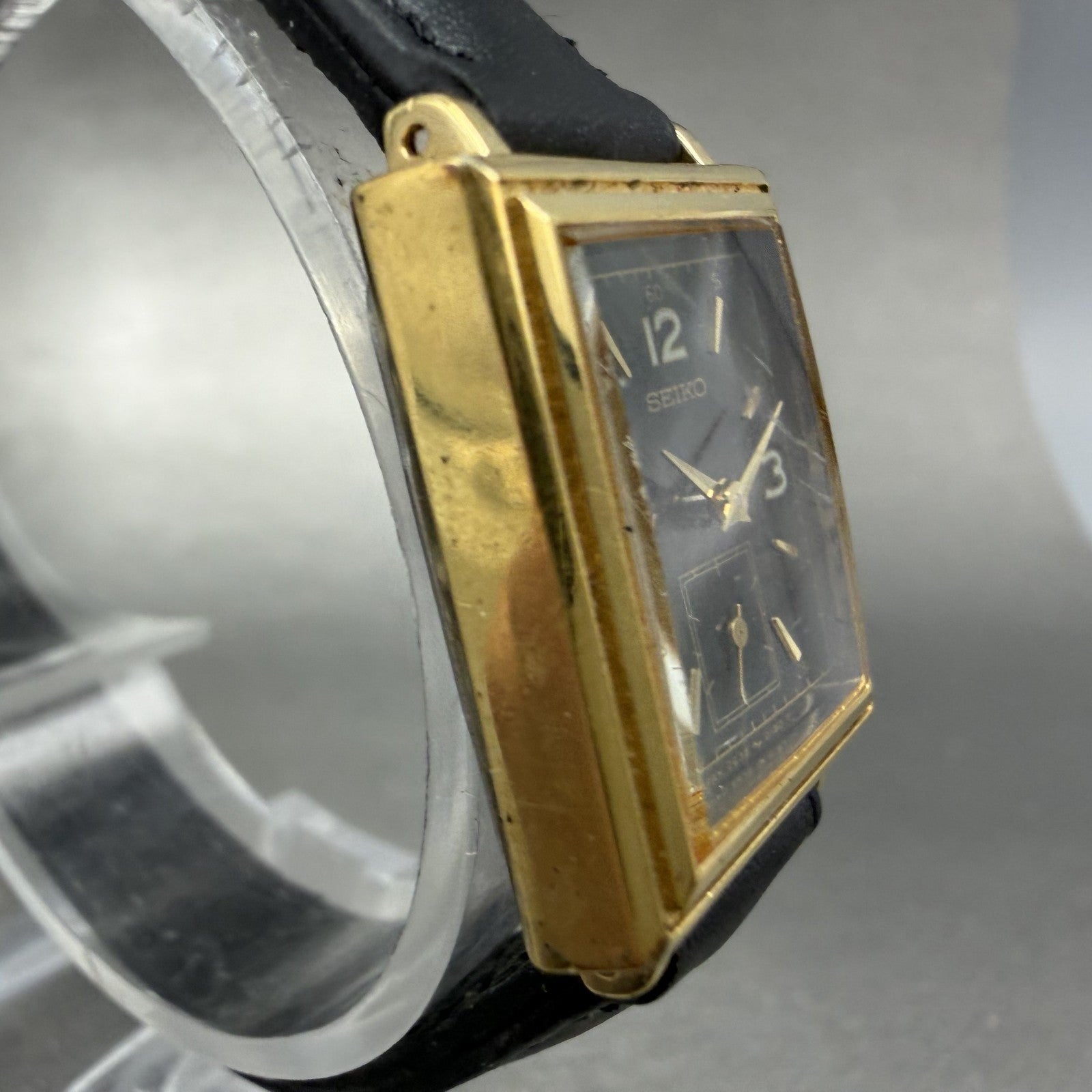 Seiko Tank Watch Women 20mm Black Dial Gold Tone Small Seconds 2G38-5060 New Bat3