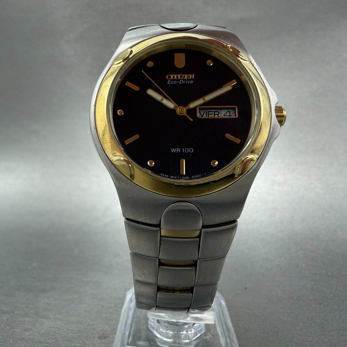 Citizen Eco-Drive Watch Men 36mm Black Dial Two Tone Daydate E100-K175431 Runs5