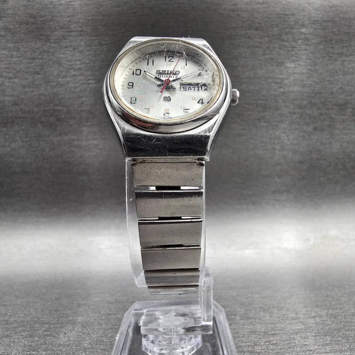 Seiko Watch Women24mm Silver Dial Silver Tone Daydate Round 3423-0059 New Batt5