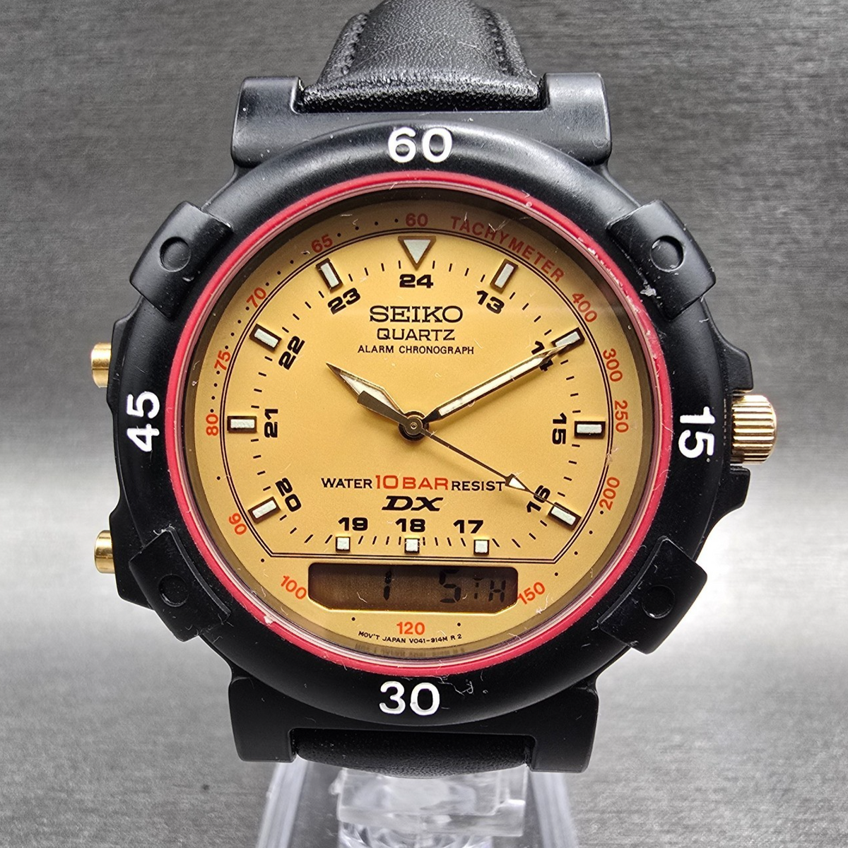 Seiko DX Watch Men 40mm Gold Dial Black Chronograph Alarm V041-9191 New Battery0
