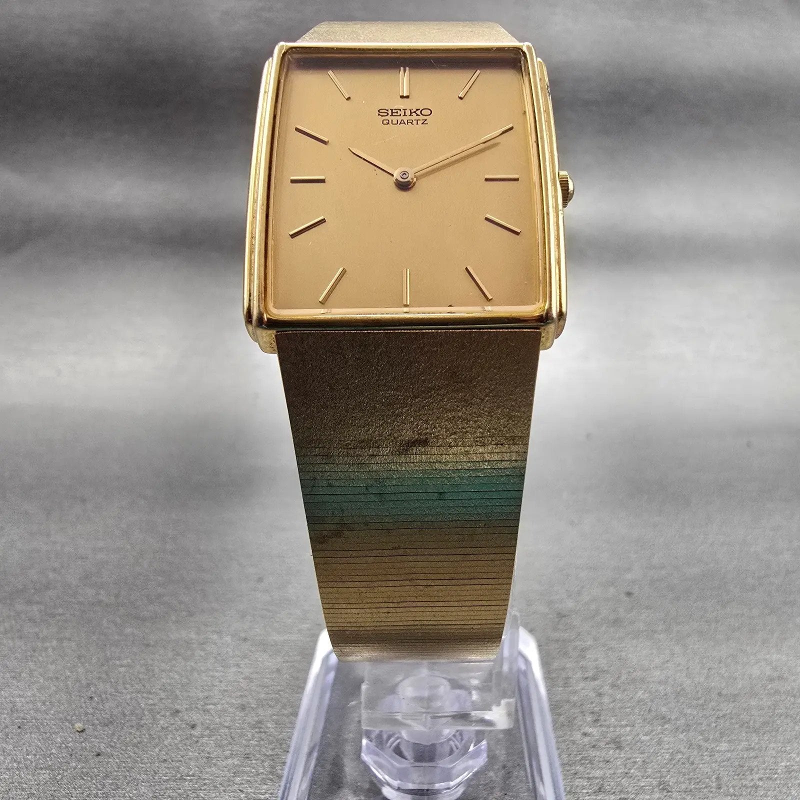 Seiko Tank Watch Men 25mm Gold Dial Gold Tone Rectangle 5P30-5A99 New Batt VTG5