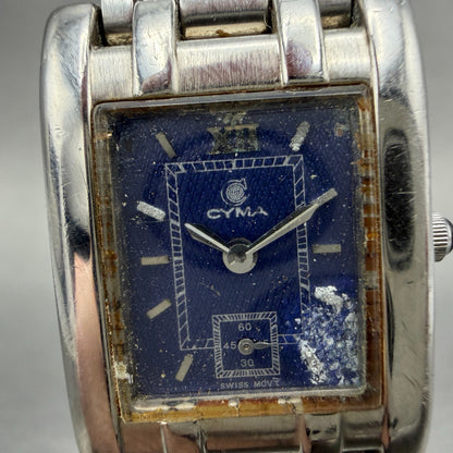 Cyma Tank Watch Women 20mm Blue Dial Silver Tone Rectangle 730 New Battery1