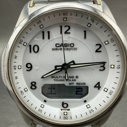 Casio Wave Ceptor Watch Men 42mm White Dial Steel Solar Analog Digital Works YUY1