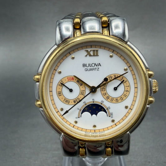 Bulova Moon Phase Watch Men 35mm White Dial Two Tone Daydate 90D07 New Battery0