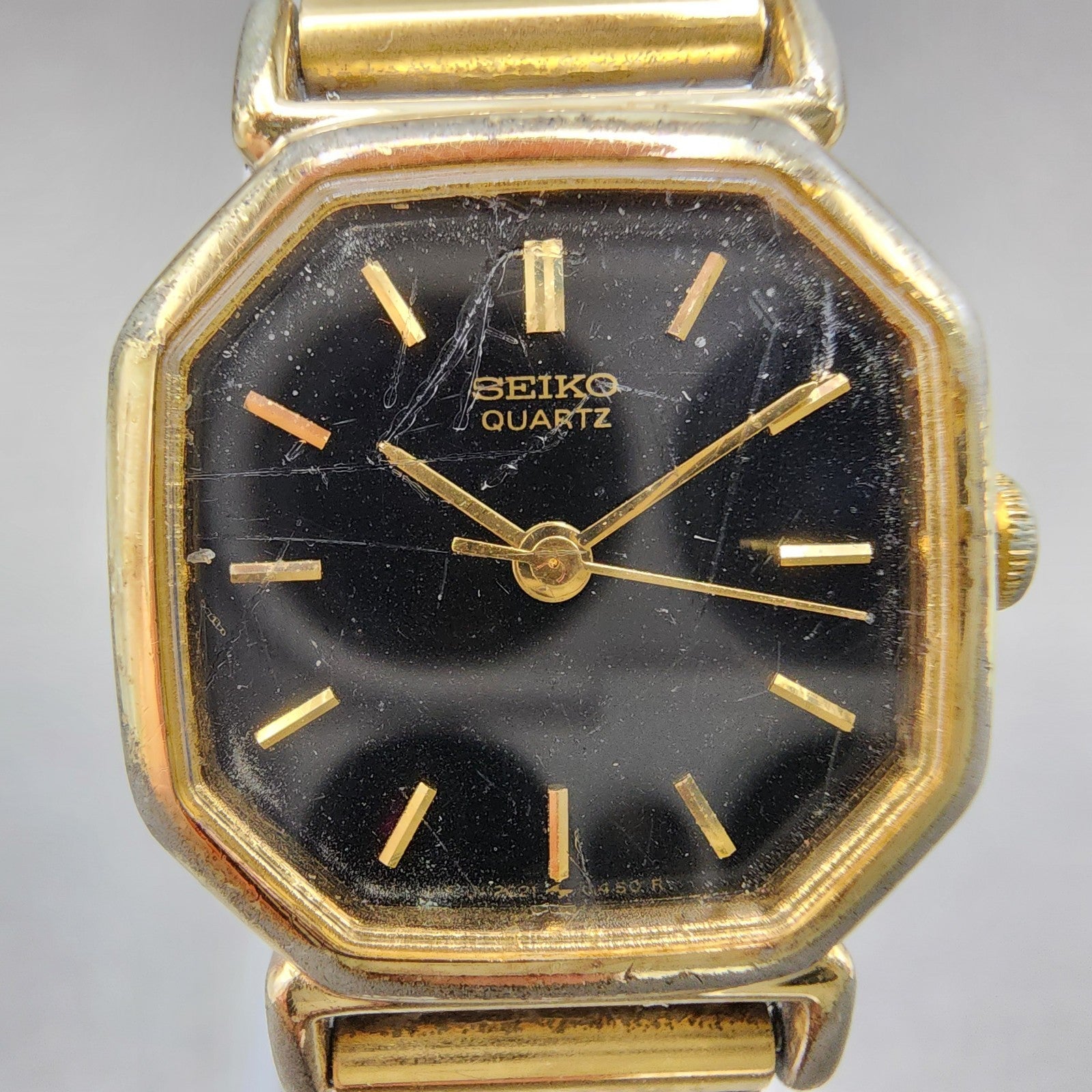 Seiko Watch Women 20mm Black Dial Gold Tone Octagon 2C215170 New Battery VTG1