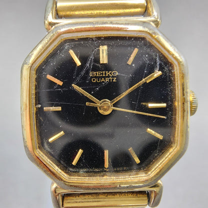 Seiko Watch Women 20mm Black Dial Gold Tone Octagon 2C215170 New Battery VTG1