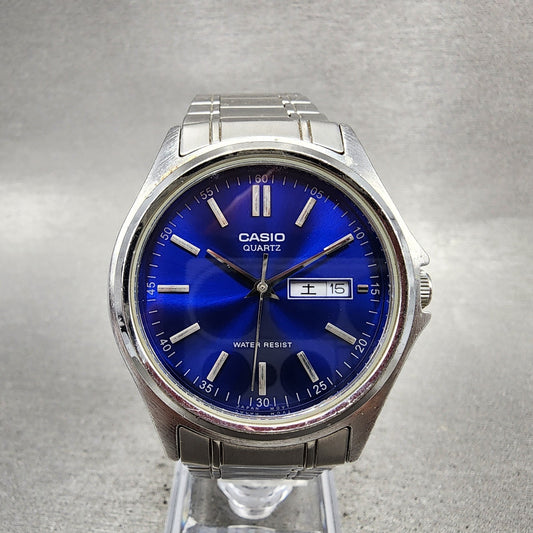 Casio Watch Men 37mm Blue Dial Silver Tone Daydate MTP1239DJ New Battery0