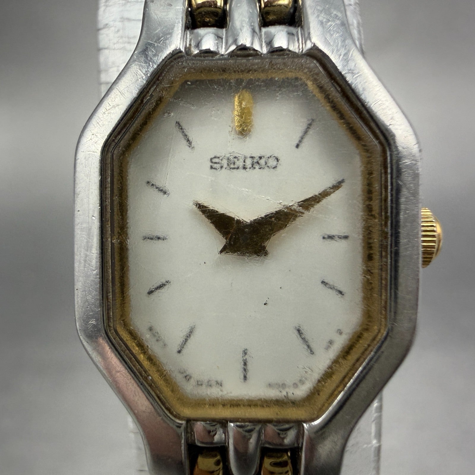 Seiko Watch Women 16mm White Dial Two Tone Octagon 1N00-0GV0 New Battery VTG 211