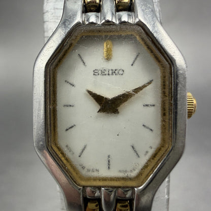 Seiko Watch Women 16mm White Dial Two Tone Octagon 1N00-0GV0 New Battery VTG 211