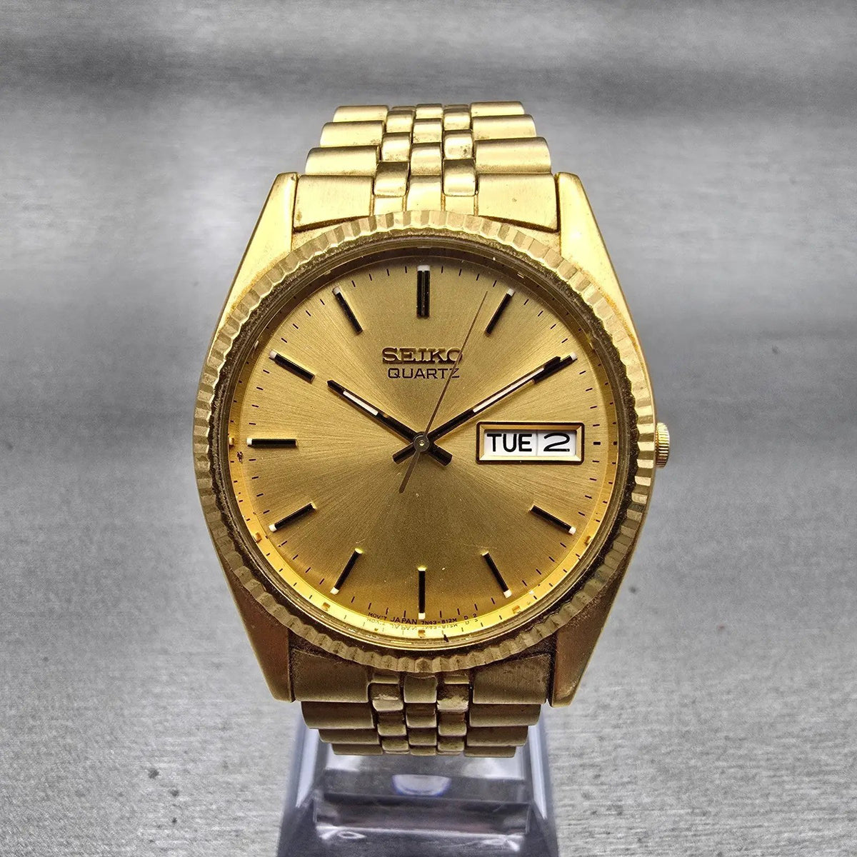 Seiko President Watch Men 37mm Gold Dial Gold Tone Daydate 7N43-8111 New Battery0