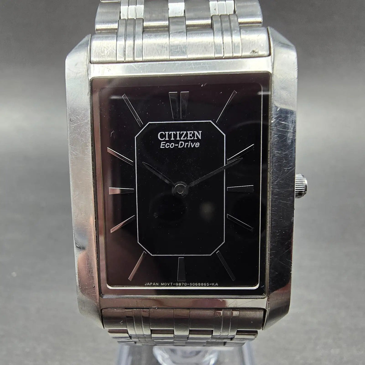 Citizen Eco-Drive Tank Watch Men 26mm Black Dial Steel Stiletto Rectangle Runs0