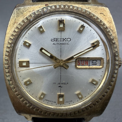 Seiko Automatic Watch Men 35mm Silver Dial Gold Tone Daydate 7006-7019 New Batt1