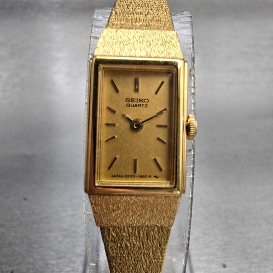 Seiko Watch Women 12mm Gold Dial Gold Tone Rectangle 2E20-6479 New Battery VTG0