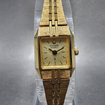 Citizen CQ Tank Watch Women 13mm Champagne Dial Gold Tone 5421S18531 New Batt0