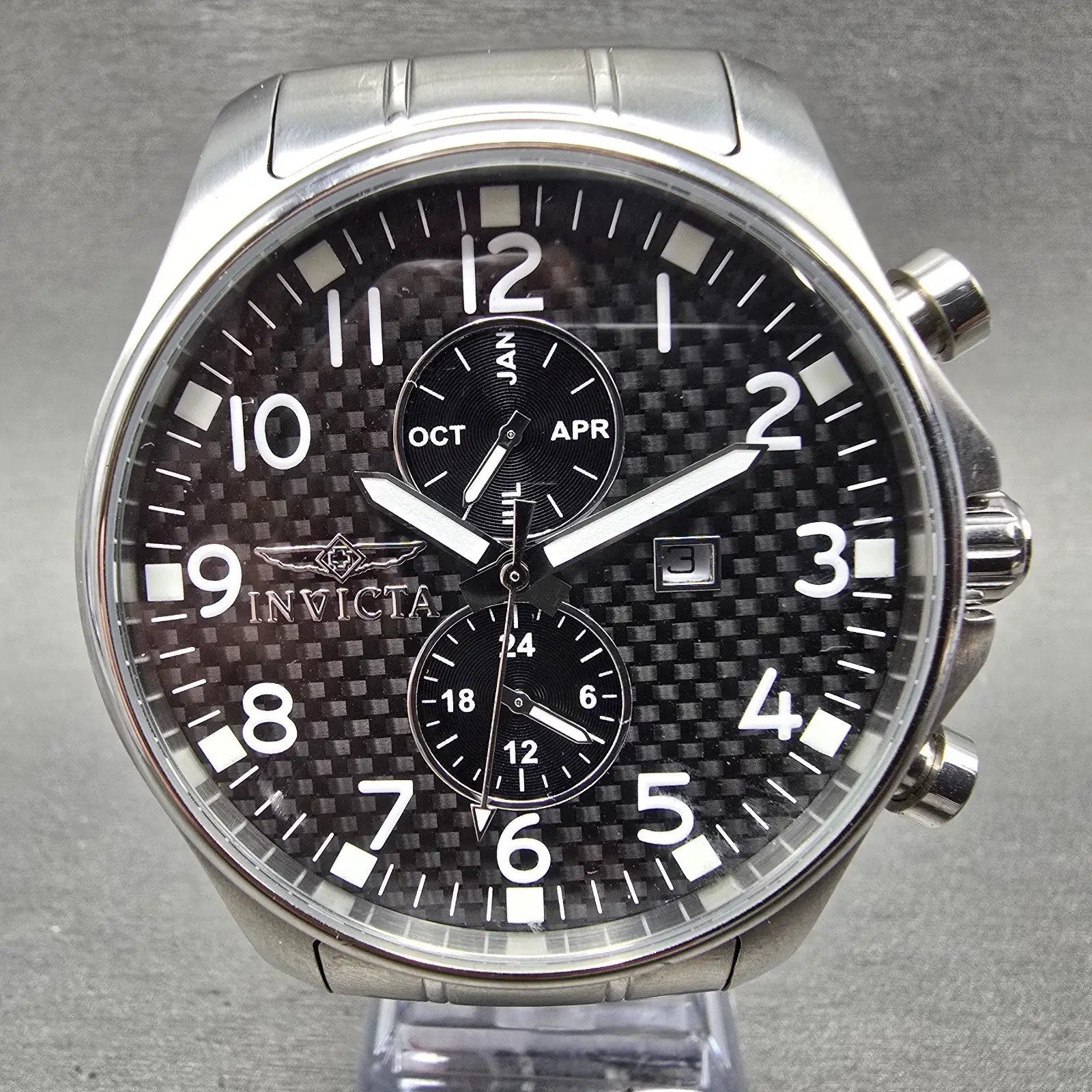 Invicta Specialty Watch Men 48mm Black Dial Silver Tone Date Month 0379 New Batt0