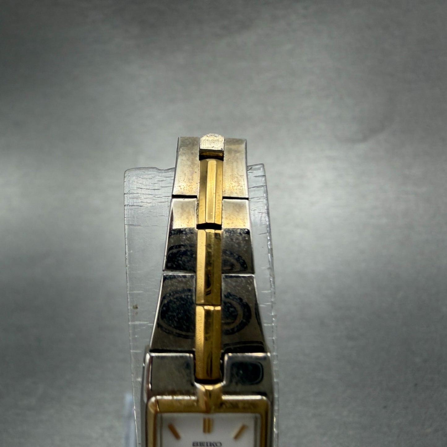 Seiko Watch Women 13mm White Dial Two Tone Rectangle 2E20-7479 New Batt NBT844