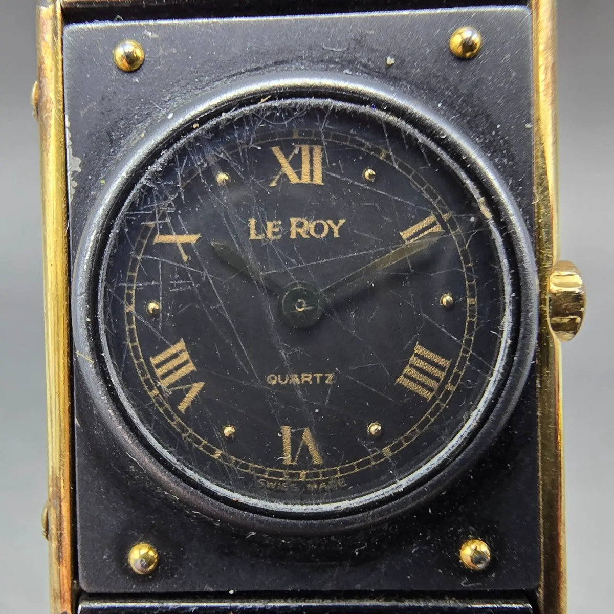 Leroy Tank Watch Women 20mm Black Dial Gold Black Rectangle 8802 New Battery VTG2
