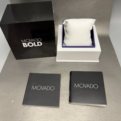 Movado Bold Watch Men 42mm Black Dial Black Tone Leather Band W/box New Battery13