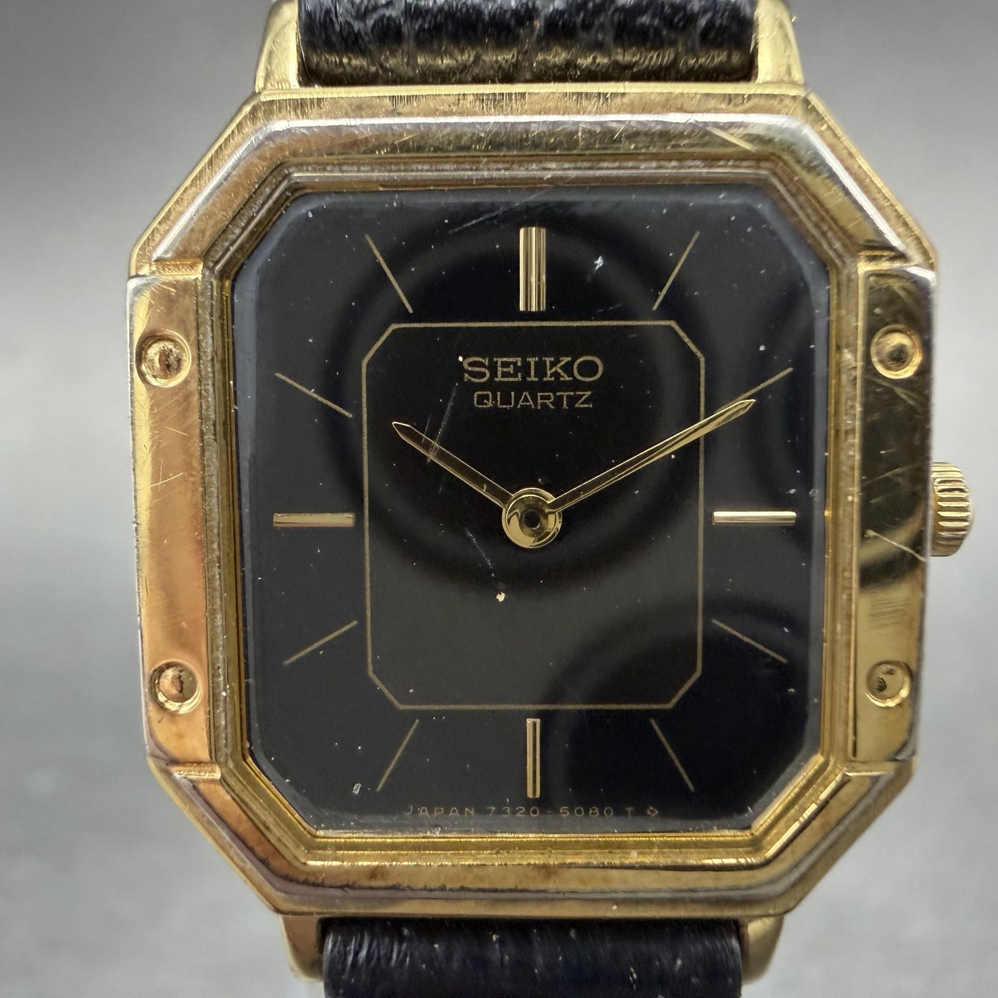 Seiko Watch Women 20mm Black Dial Gold Tone Octagon 7320-5059 New Battery1