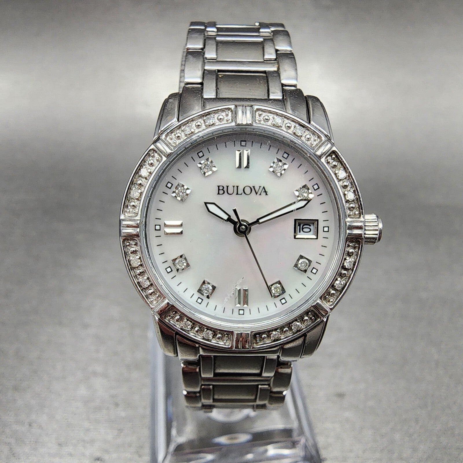 Bulova Watch Women 26mm MOP Dial Steel Diamond Bezel Date Round 96R105 NewBat0