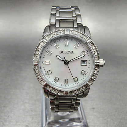 Bulova Watch Women 26mm MOP Dial Steel Diamond Bezel Date Round 96R105 NewBat0