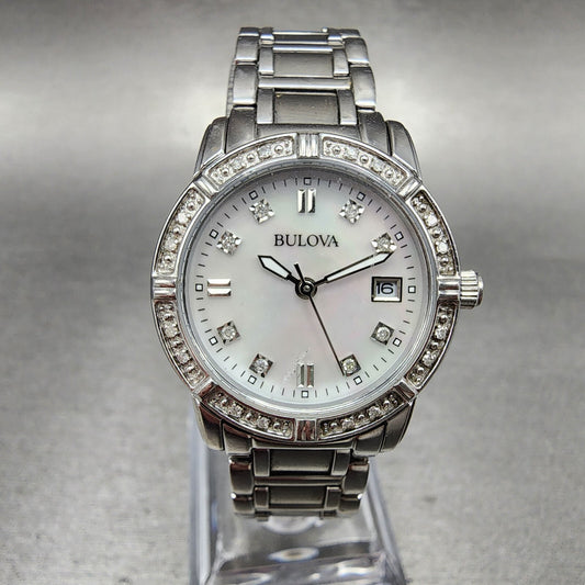Bulova Watch Women 26mm MOP Dial Steel Diamond Bezel Date Round 96R105 NewBat0