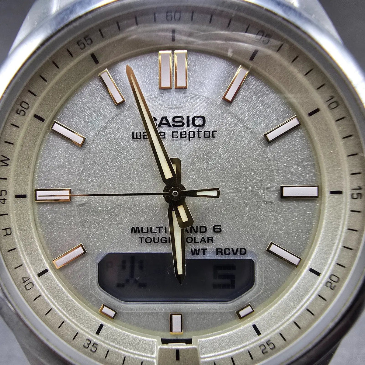 Casio Wave Ceptor Watch Men 42mm Champagne Dial Steel Solar Analog Digital Runsa1