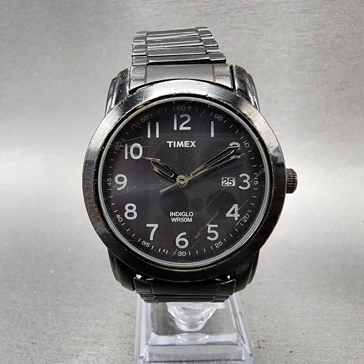 Timex Highland Watch Men 39mm Black Dial Black Tone Date Indiglo New Battery0
