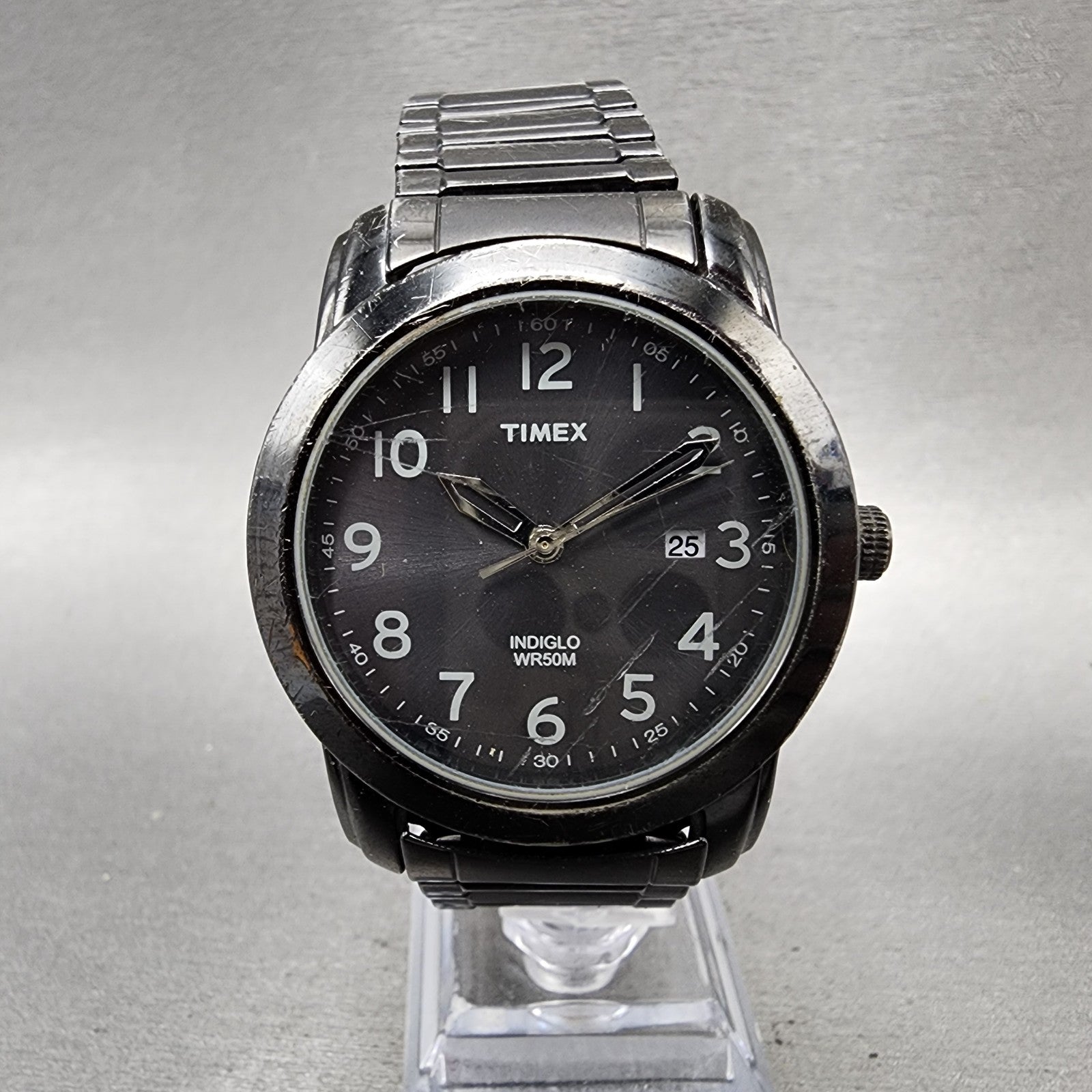 Timex Highland Watch Men 39mm Black Dial Black Tone Date Indiglo New Battery0
