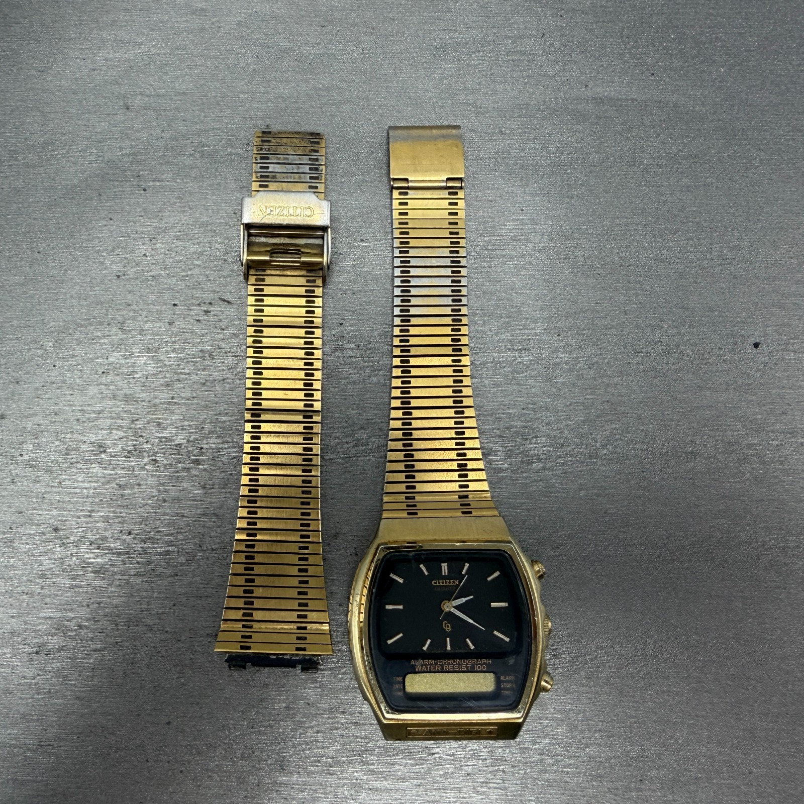 Citizen Analog Digital Watch Men 35mm Black Dial Gold Alarm Chrono 4-082699 PART0