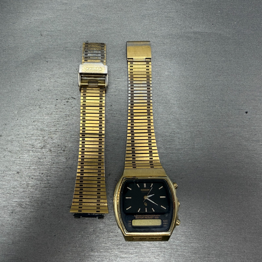 Citizen Analog Digital Watch Men 35mm Black Dial Gold Alarm Chrono 4-082699 PART0