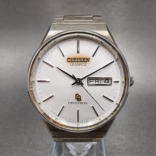 Citizen CQ Crystron Watch Men 33mm White Dial Steel Daydate 4-851153 8550 PARTS