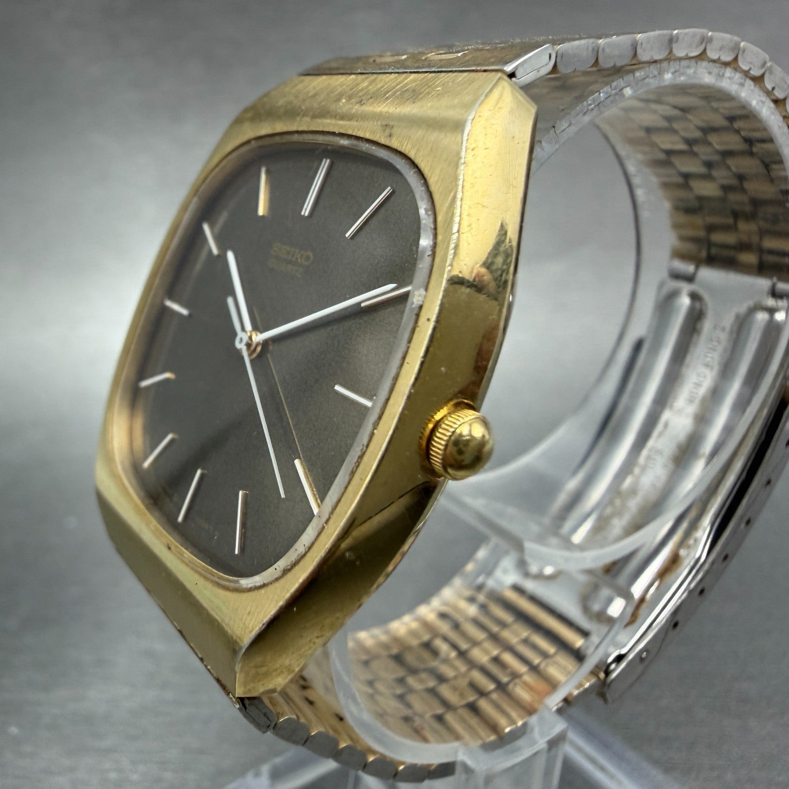 Seiko Watch Men 32mm Brown Dial Gold Tone Rectangle 7810-5069 New Battery VTG2