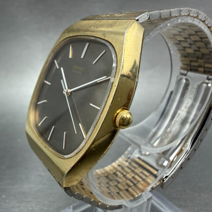 Seiko Watch Men 32mm Brown Dial Gold Tone Rectangle 7810-5069 New Battery VTG2