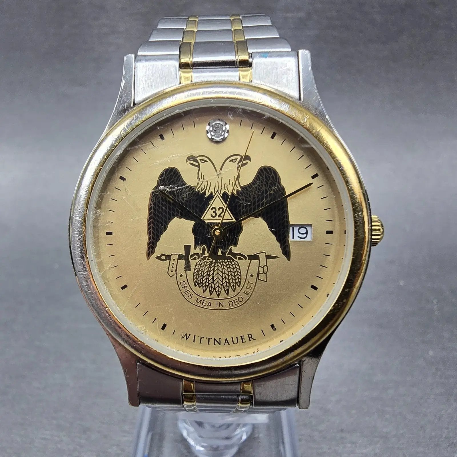 Wittnauer Masonic Watch Men 33m Gold Dial Two Tone Date Round New Battery VTG0