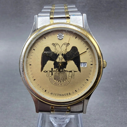 Wittnauer Masonic Watch Men 33m Gold Dial Two Tone Date Round New Battery VTG0