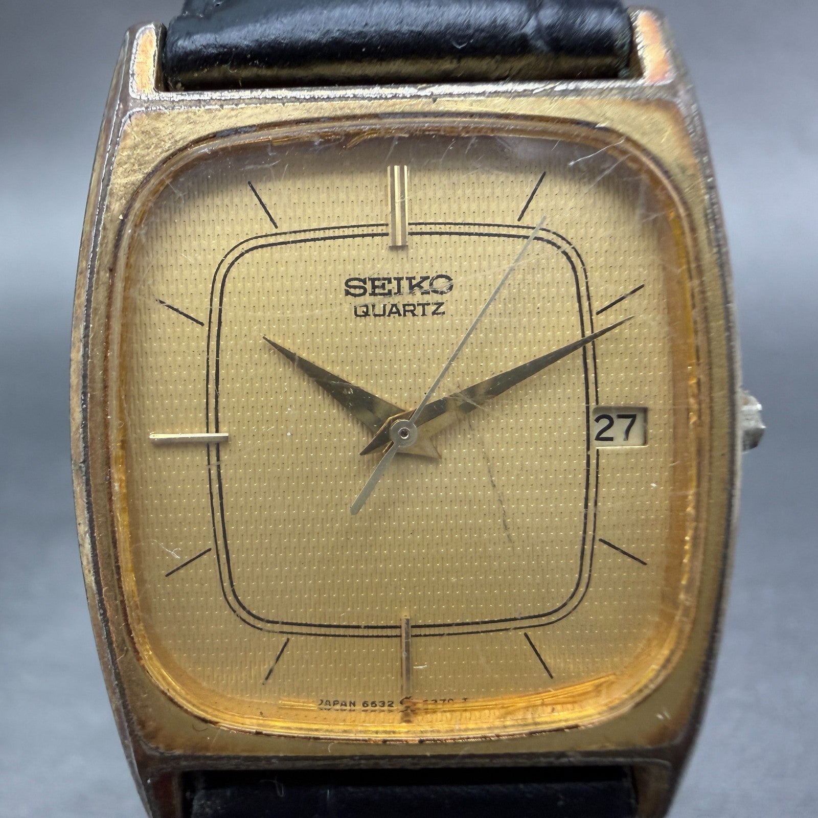 Seiko Tank Watch Men 28mm Champagne Dial Gold Tone Date 6532-5250 New Battery S21