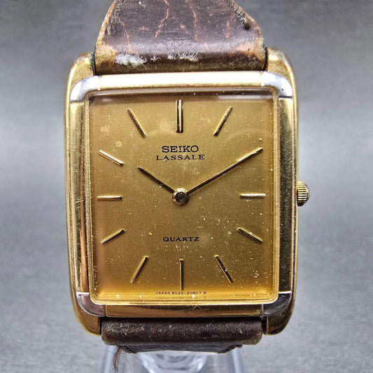 Seiko Lassale Tank Watch Men 27mm Gold Dial Gold Rectangle 6020-5829 PARTS VTG0