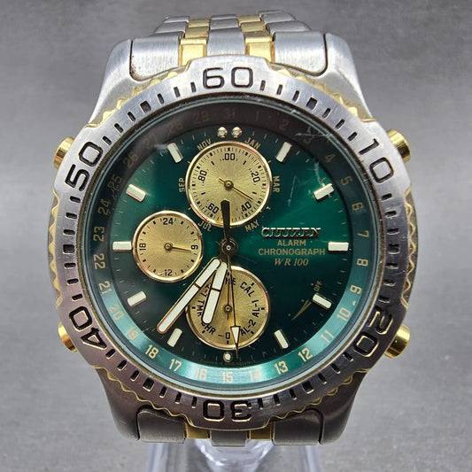 Citizen Chronograph Watch Men 39mm Green Dial Two Tone 6850-G81406 PARTS VTG0