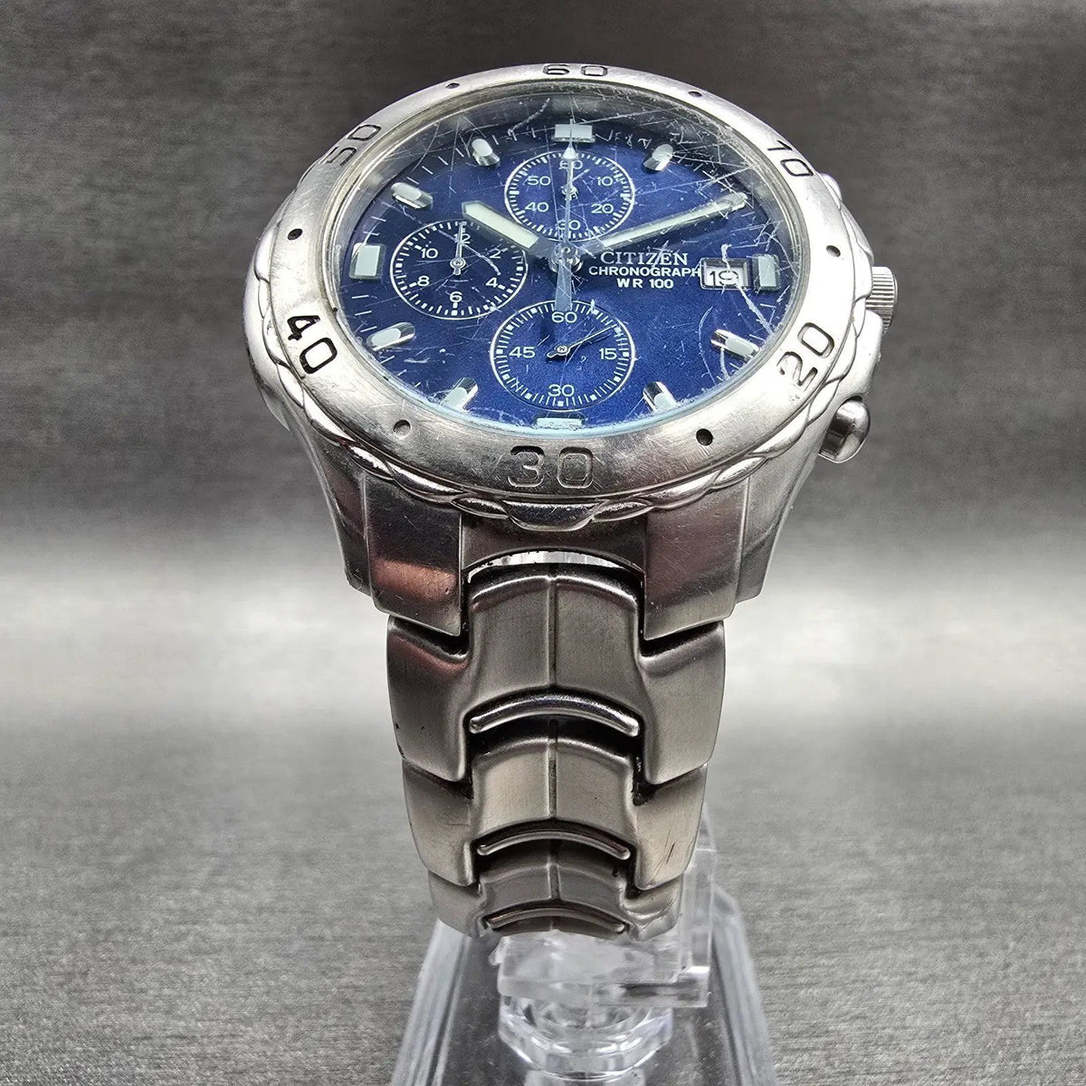 Citizen Chronograph Watch Men 41mm Blue Dial Silver Tone 0510-S92294 New Batt KF5